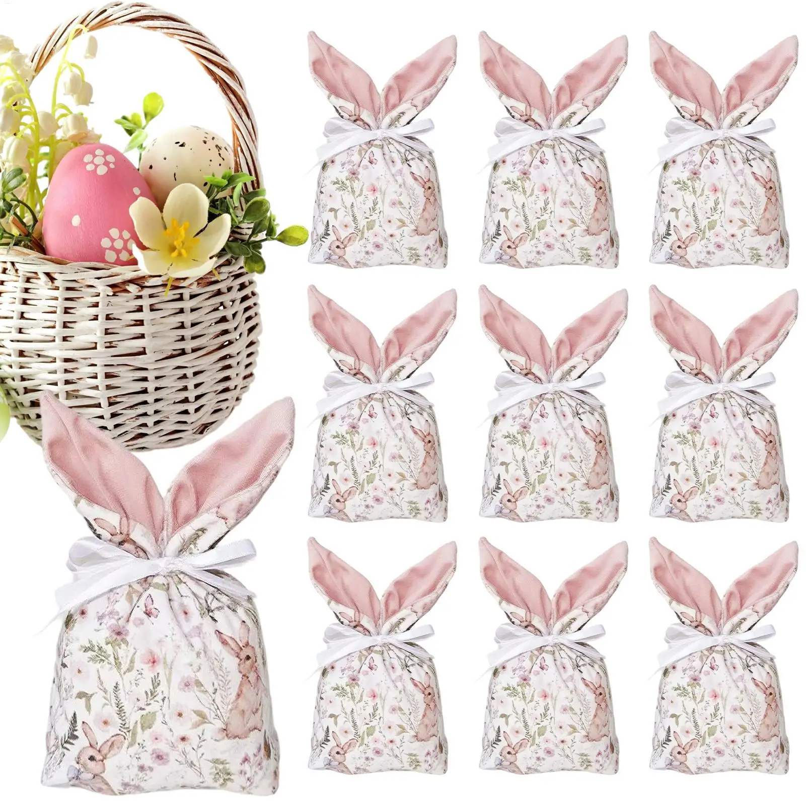 

10 шт. пасхальных мешочков для конфет с завязками и дизайном в виде ушек кролика, подарочные пакеты для угощений на вечеринку, день рождения, охоту за яйцами