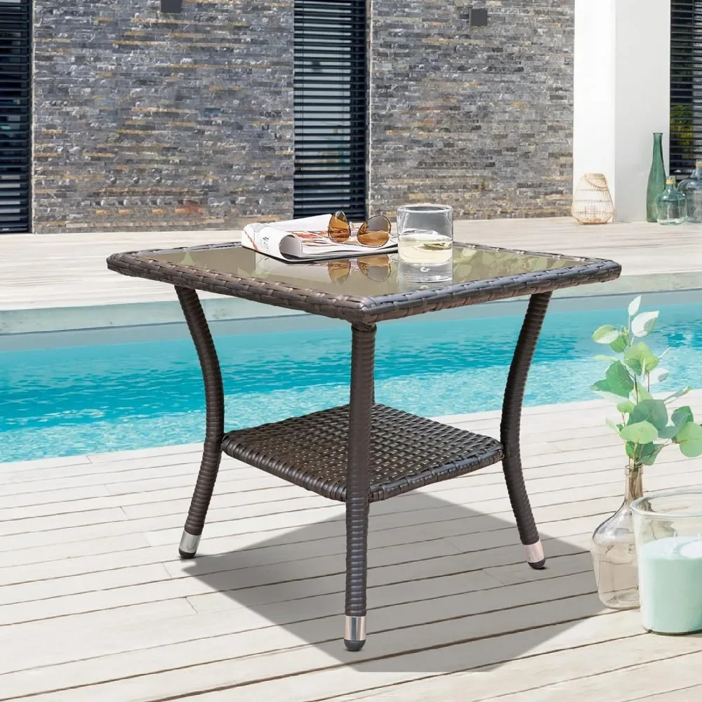 Outdoor Wicker Patio Side Table, Weather Resistant Rattan Coffee Table, Square End Table, Aluminum Frame, Espresso Brown