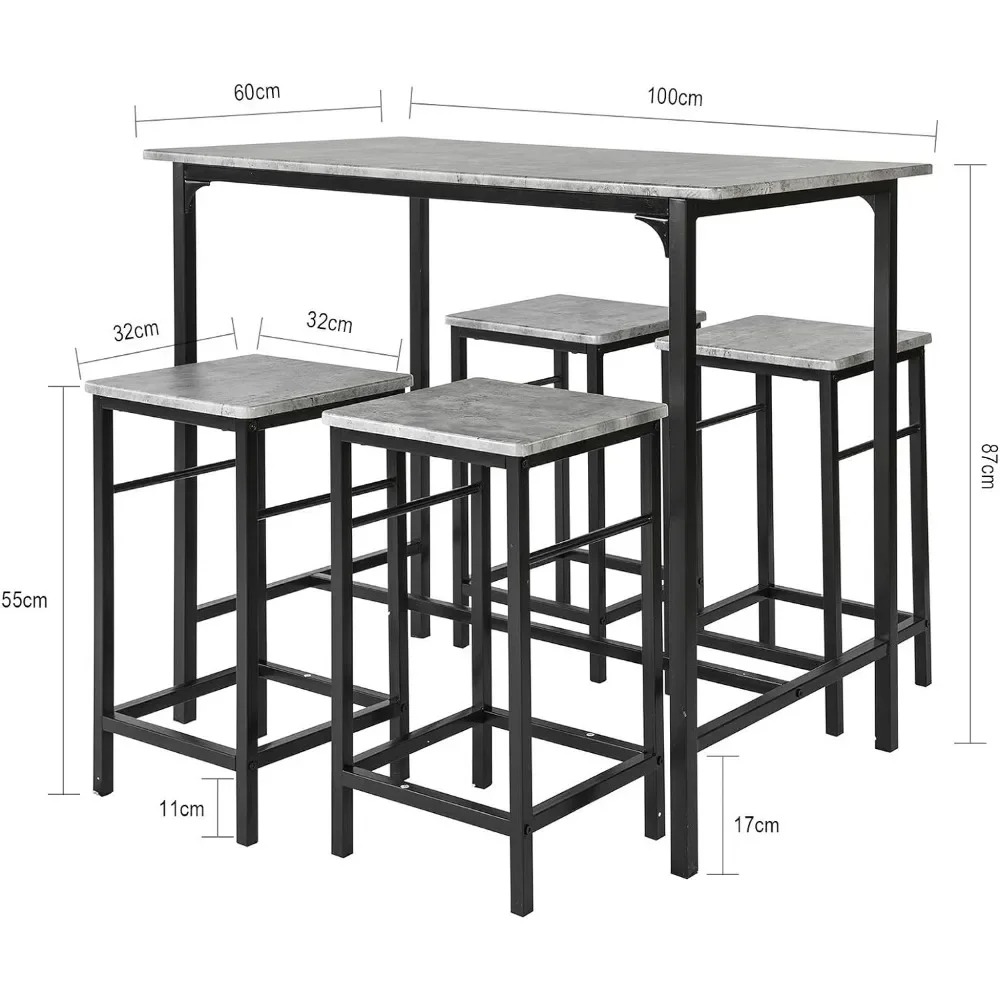 5-piece Set for 4 People, Dining Table with 4 Stools, Breakfast Table in Family Kitchen, Kitchen Counter with Bar Chair (grey) image 4