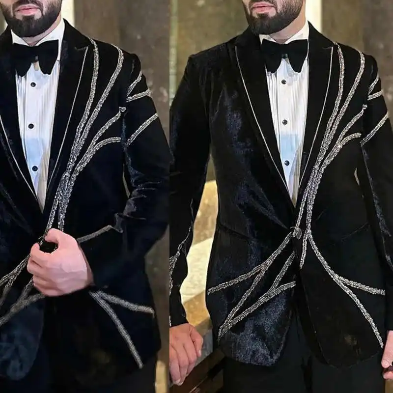 

Винтажный мужской смокинг из бархата с бисером, 2 предмета: пиджак и брюки, классический однобортный костюм для свадьбы, вечеринки, торжественных мероприятий, на заказ