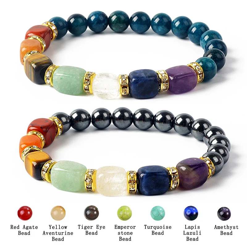 Natural Stone 7 Chakra Bracelets Reiki Healing Energy Hematite Tiger Eye Beaded Elastic Bracelets for Women Girls Yoga Jewelry