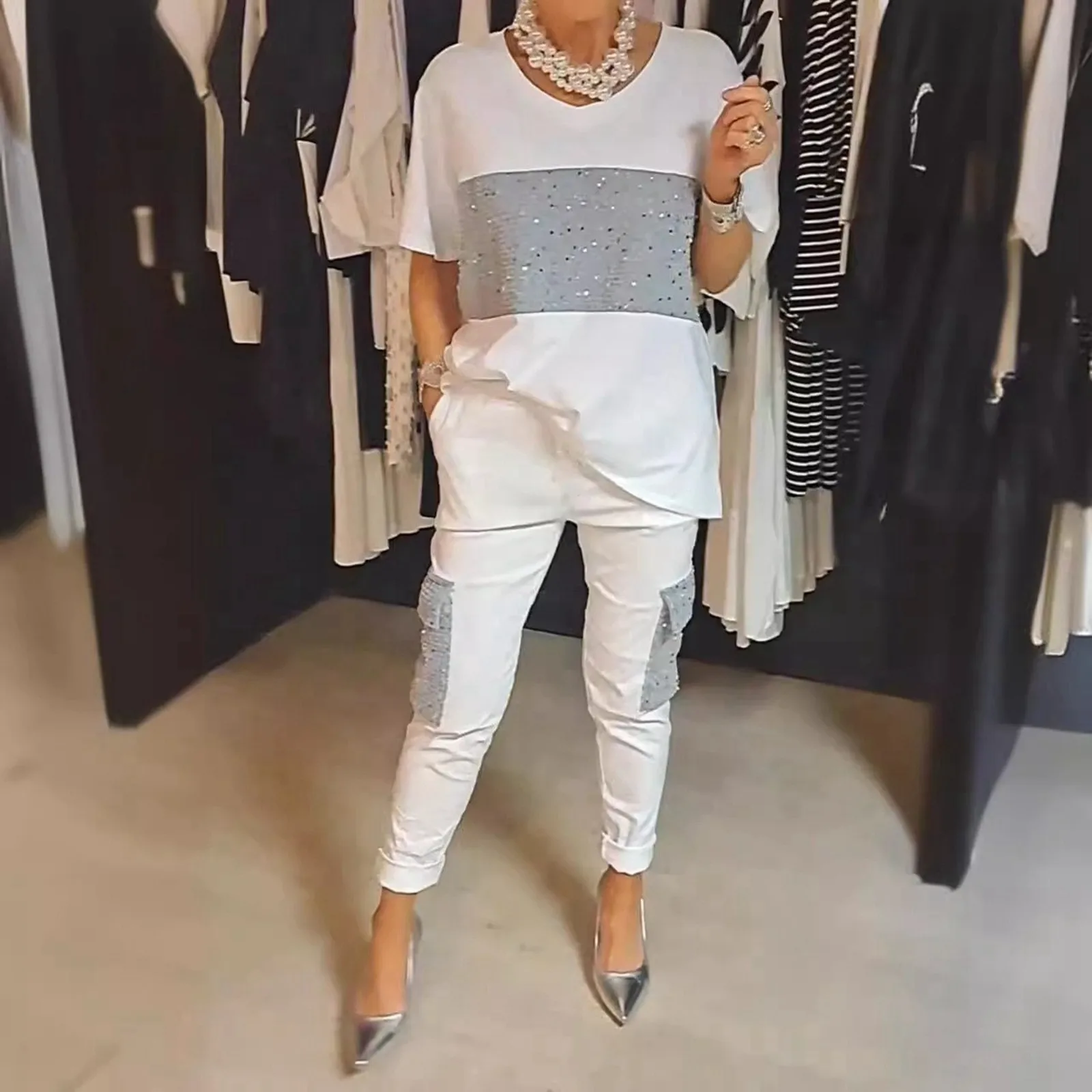 

Spring Fashion Patchwork Sequin Suit Womens Casual V Neck Short Sleeve Top & Slim Pant Outfit Summer Pocket Streetwear Set Mujer