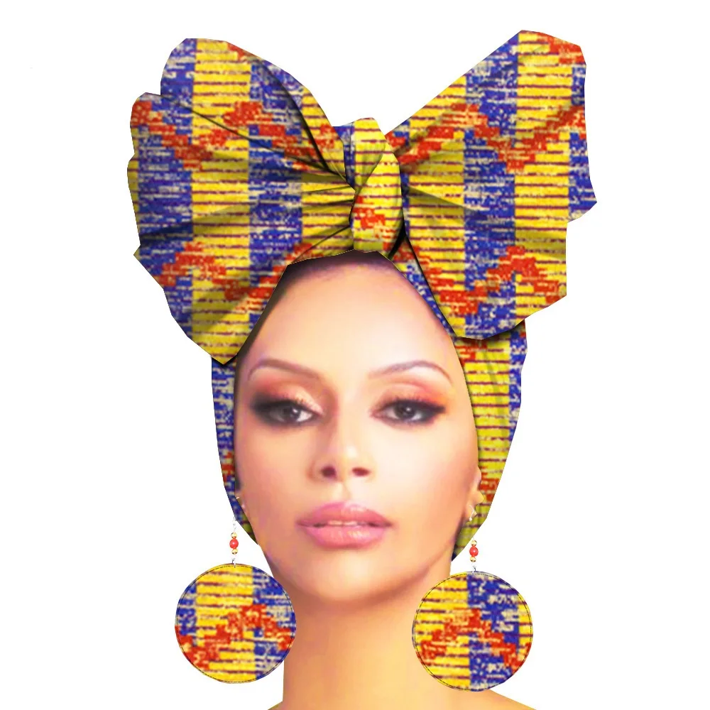 African Print Head Bandana Scarf Women And Matching Dorp Earring Wax Cotton Head Scarves Bandana Headband Set Hair Accessories
