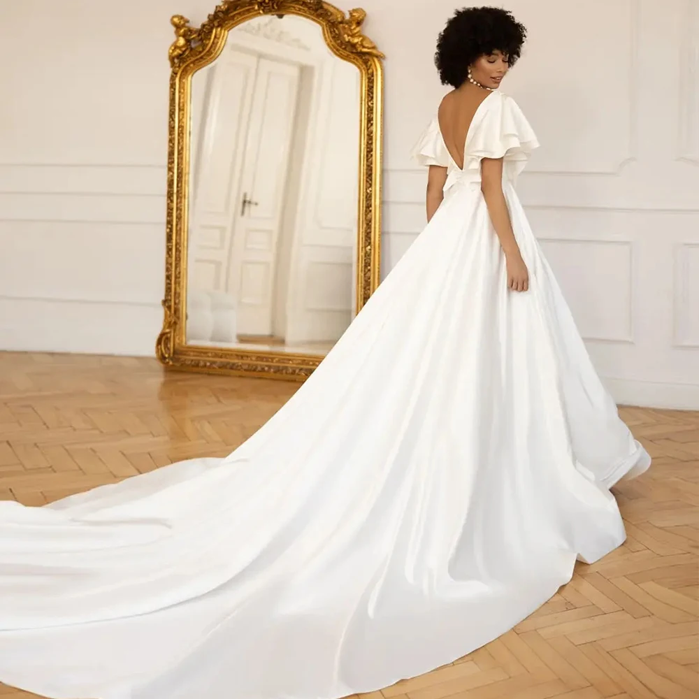 Exquisite V Neck A Line Backless Wedding Dress For Woman Lvory Elegant Ruffles Short Seleeves Bridal Gowns New Vestido De Novia