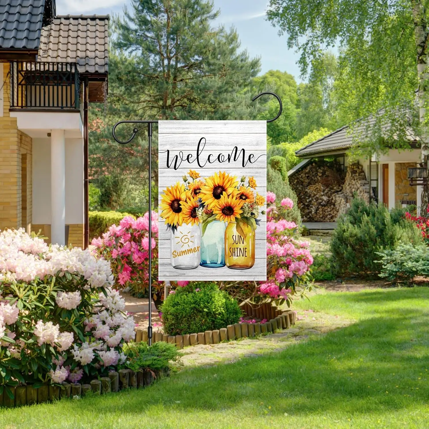 ChloropLastid Summer Garden Flag 12x18 Inch Welcome Sunshine Mason Jar Sunflower Double Sided Yard Flag Rustic Farmhouse Wooden