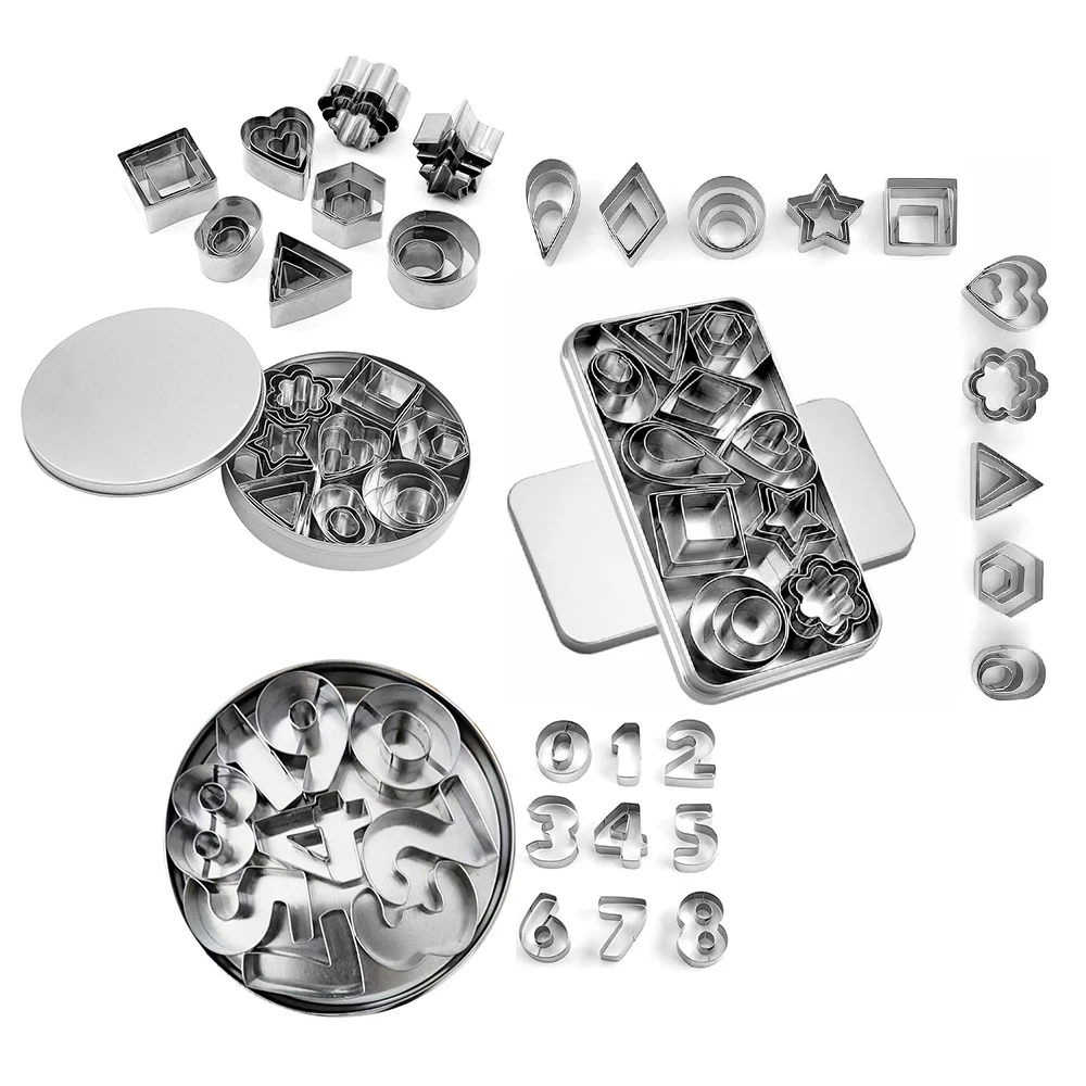 9/24/30-Piece Stainless Steel Mini Cookie Mold Set for Fondant Cookies, Fruit Press Cutters, Geometric and Number Pattern Molds, Baking Tools