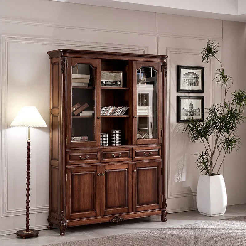 American all-solid wood full wall log storage locker, floor-to-ceiling study home free combination bookshelf bookcase