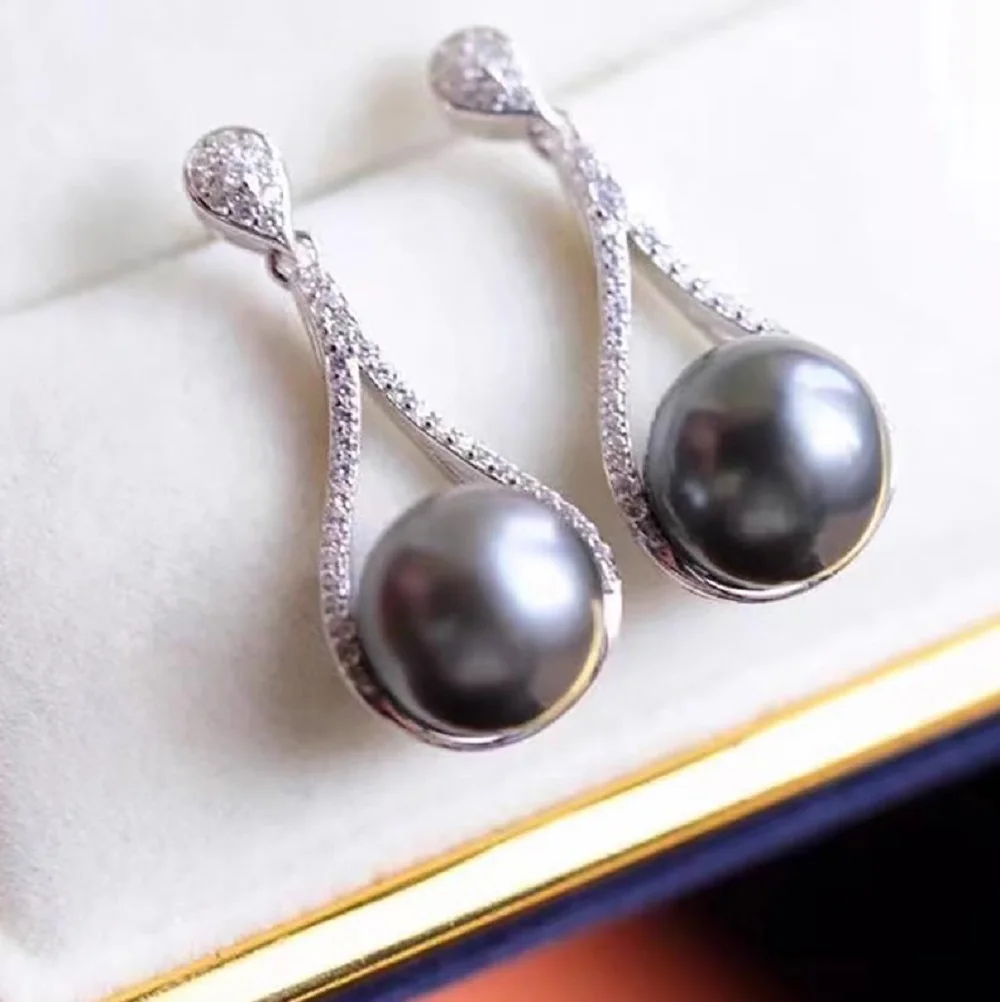 

Stunning and exquisite AAA 9-10mm natural Tahitian round black pearl pendant earrings 925s