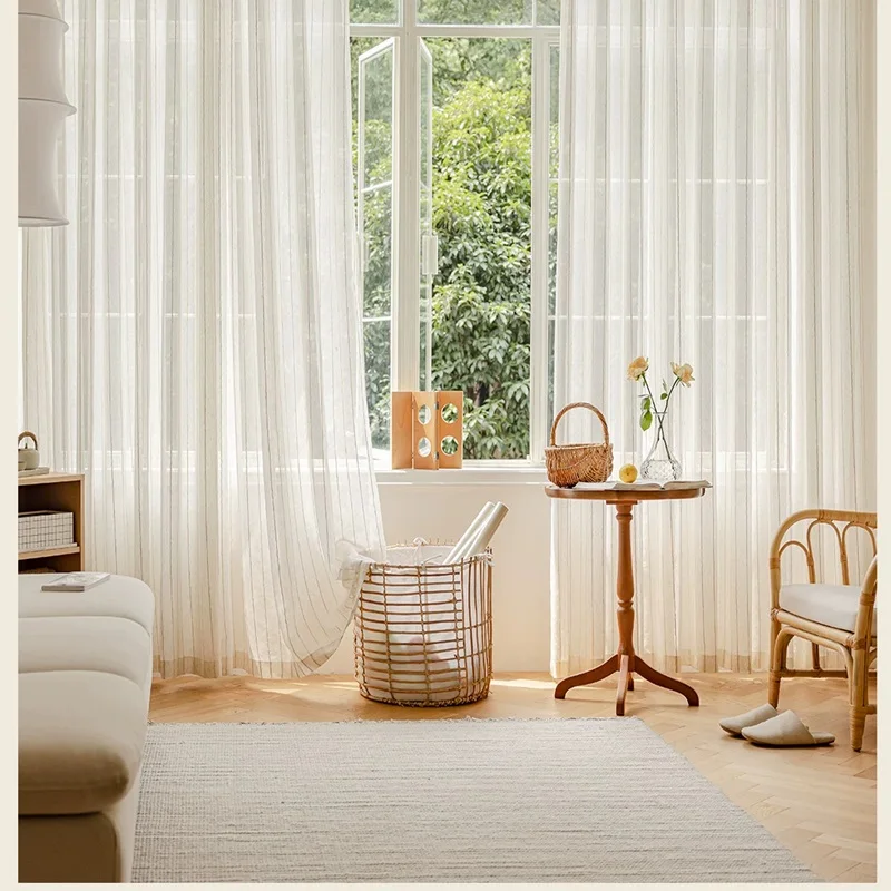 Modern Vertical Striped Linen Sheer Curtains, Living Room Bay Window Light Filtering Privacy Curtians, Translucent Custom Size