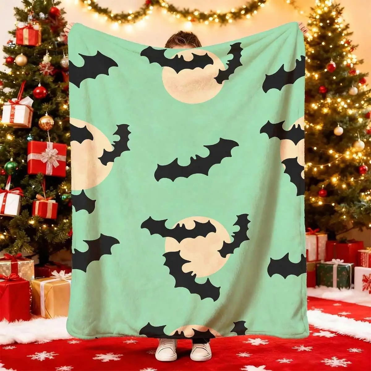 1pc Mint green and black bat silhouette and wing pattern blanket, polyester fabric, suitable for beds, sofas, and travel.