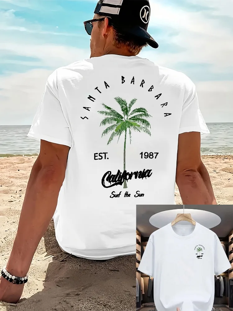 Camiseta de Manga Corta para Hombre, Verano, 100% Algodón Puro, Estilo Casual, Holgada, con Estampado de Coco, Estilo Californiano, Cuello Redondo, Deportiva
