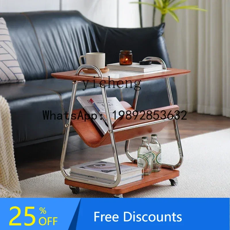 

LYY retro solid wood mobile coffee table, sofa edge, stainless steel three-layer rack, corner