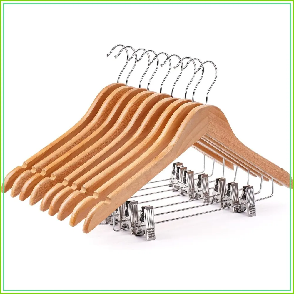 

24 PCS Wooden Hangers with Clips, Smooth Solid Pants Hangers, 360 Swivel Hooks & Adjustable Clips for Jeans, Skirt, Suit, Shorts, Scarf