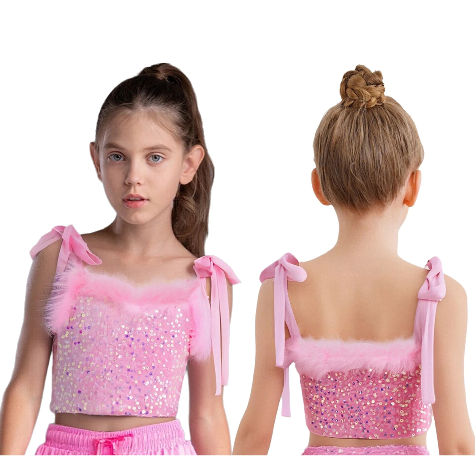 

Girls Hip-Hop Jazz Dance Costume Camisole Lace-up Straps Feather Trim Glittery Sequins Crop Top for Party Banquet Performance