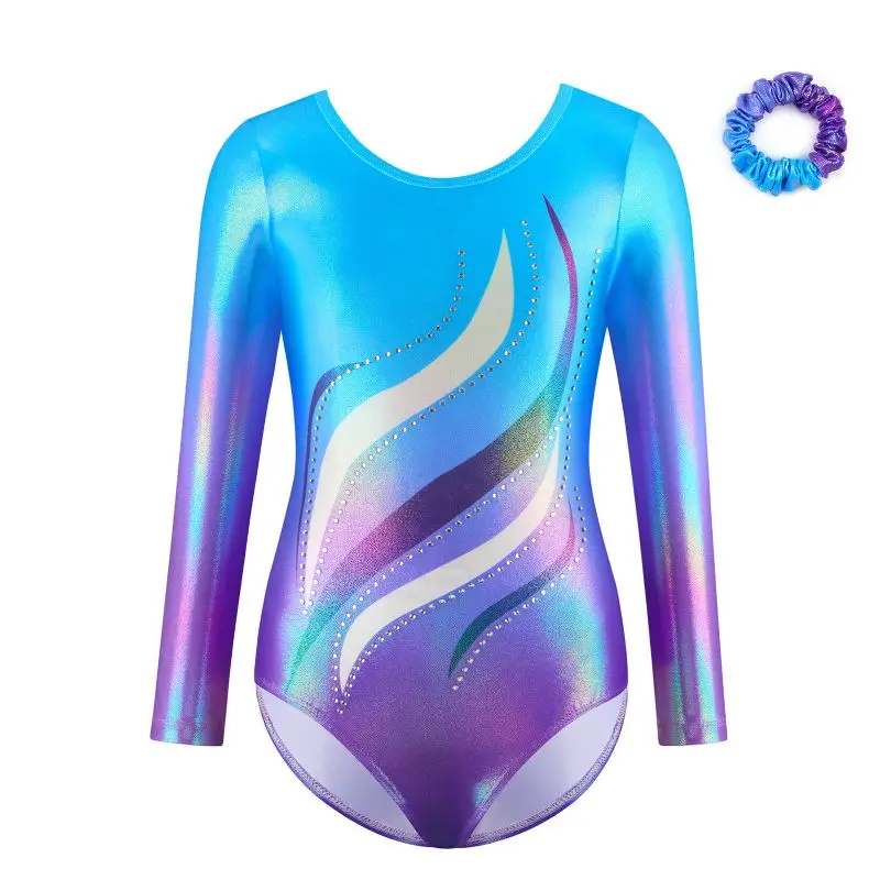 

Girls Gymnastics Ballet Dance Leotards Performance Costume Children Long Sleeve Diamond Figure Skating Bodysuit With Hairband