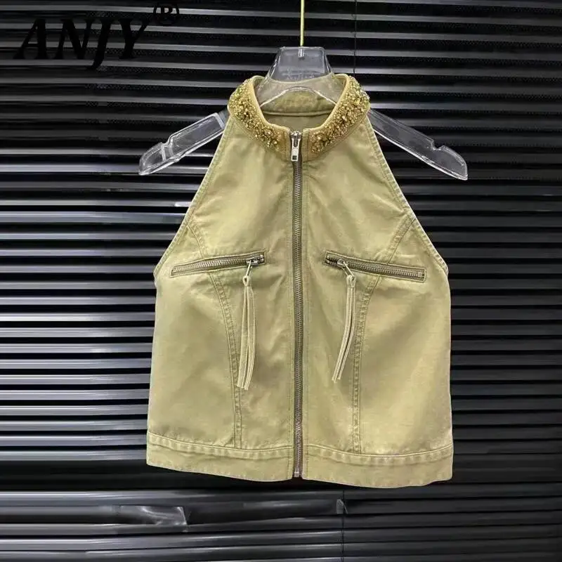 ANJY Spring Summer New Women Halter Neck Embroidered Flares Zippers Design Sleeveless Tops Ruffles Patchwork Casual Pants A25187