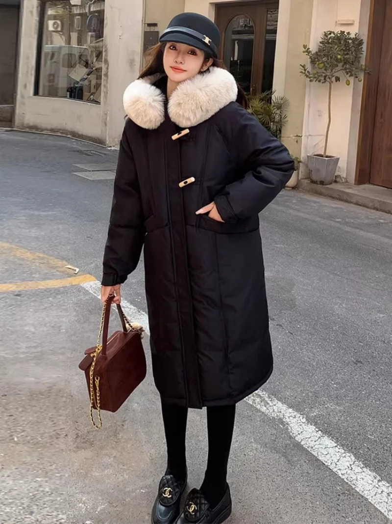 

Women's Loose Parka Coat with Fur Collar, Winter Thick Cotton Jacket, Mid Long Hooded Overcoat W1894