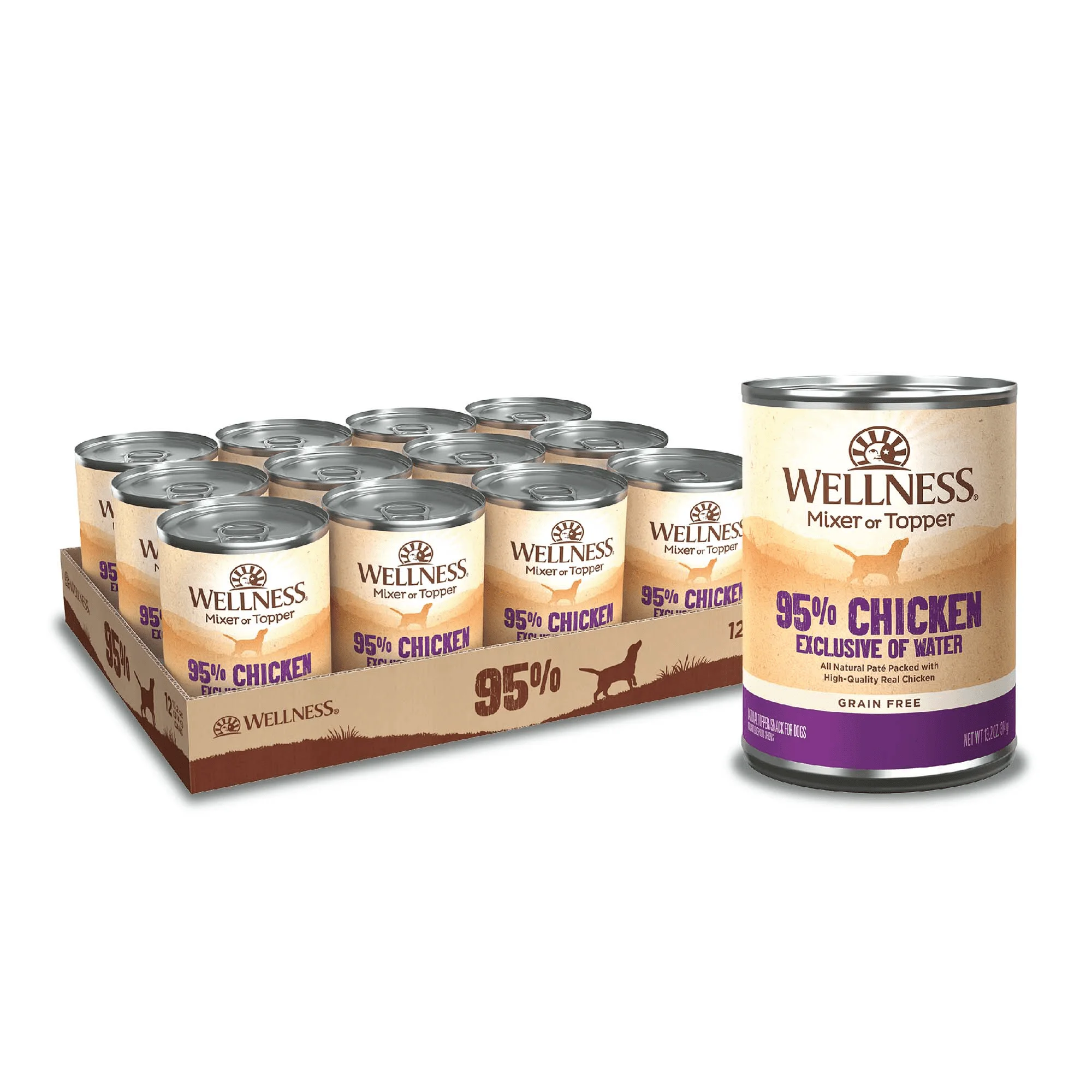 Wellness Cibo per cani in scatola naturale al 95% di pollo umido senza cereali, lattina da 13,2 once (confezione da 12)