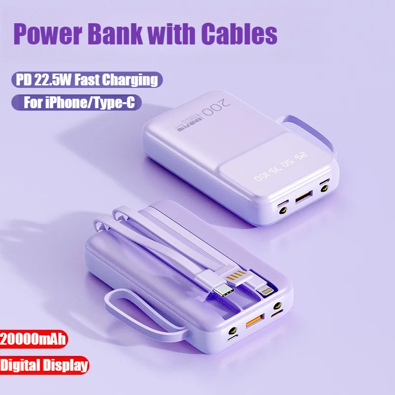 

20000mA Portable Power Bank Comes with 3-wire PD 25W Fast Charging Mobile Supply Battery Charger Cases for iphone Samsung Xiaomi