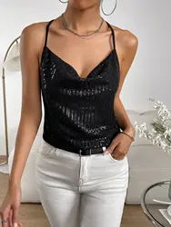 Women's Draped Collar Black Sequin Cami Crop Top Bling Party Sleeveless Glitter Disco Party Outfit sequence Clothing