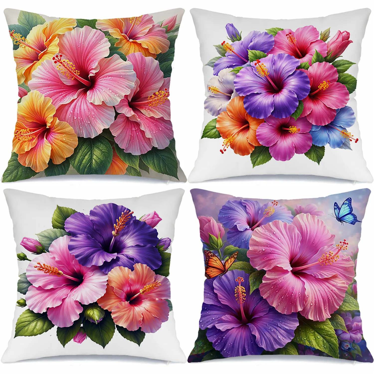 Vibrant Hibiscus Flower Pillow Covers, Tropical Floral Bouquet Art Decorative Throw Pillow Cases, Exotic Summer Home Decor 4pcs