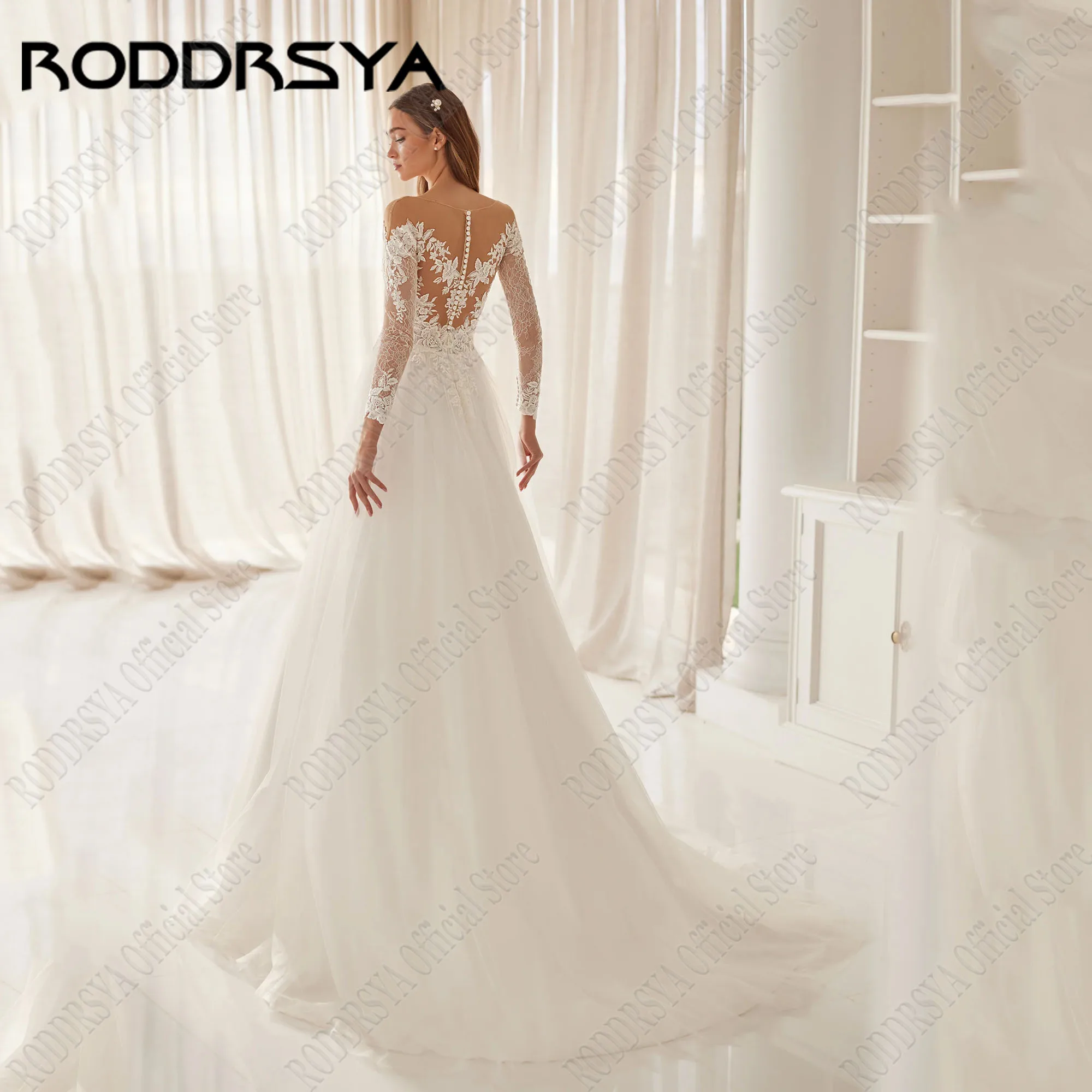 RODDRSYA Customized Long Sleeves O Neck Wedding Dress A Line Illusion Back Applique Lace Bride Gowns Elegant Tulle Wedding Gown