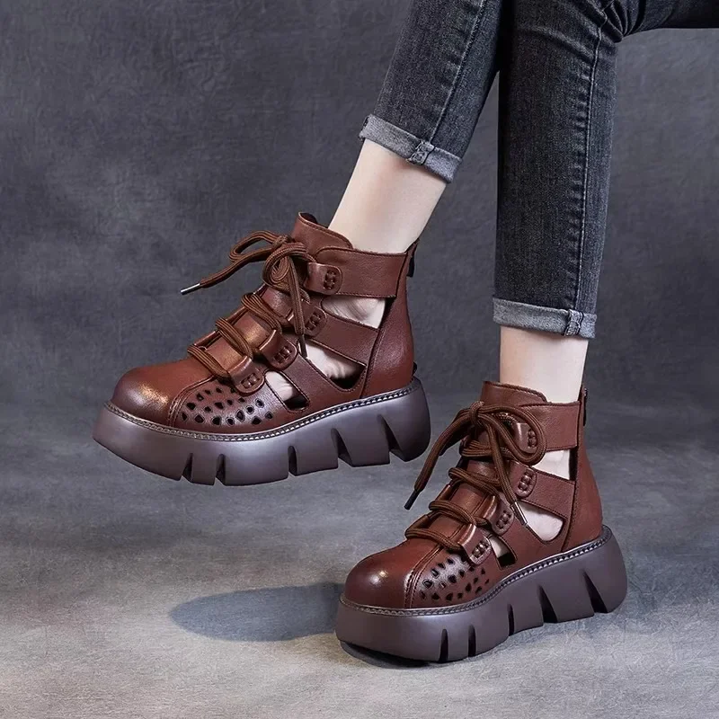 New Handmade Retro Women Platform Sandals Pu Leather Hollow Baotou Wedges Gladiator Shoe Back Zipper Thick Bottom Cool Boot