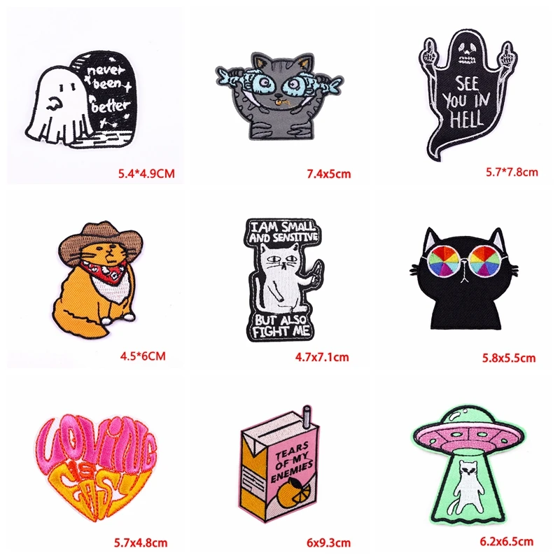 10PCS/lots Hippie Cat Embroidery Patch Cartoon/Animal/Skull Patch Iron On Patches For Clothing thermoadhesive Patches On Clothes