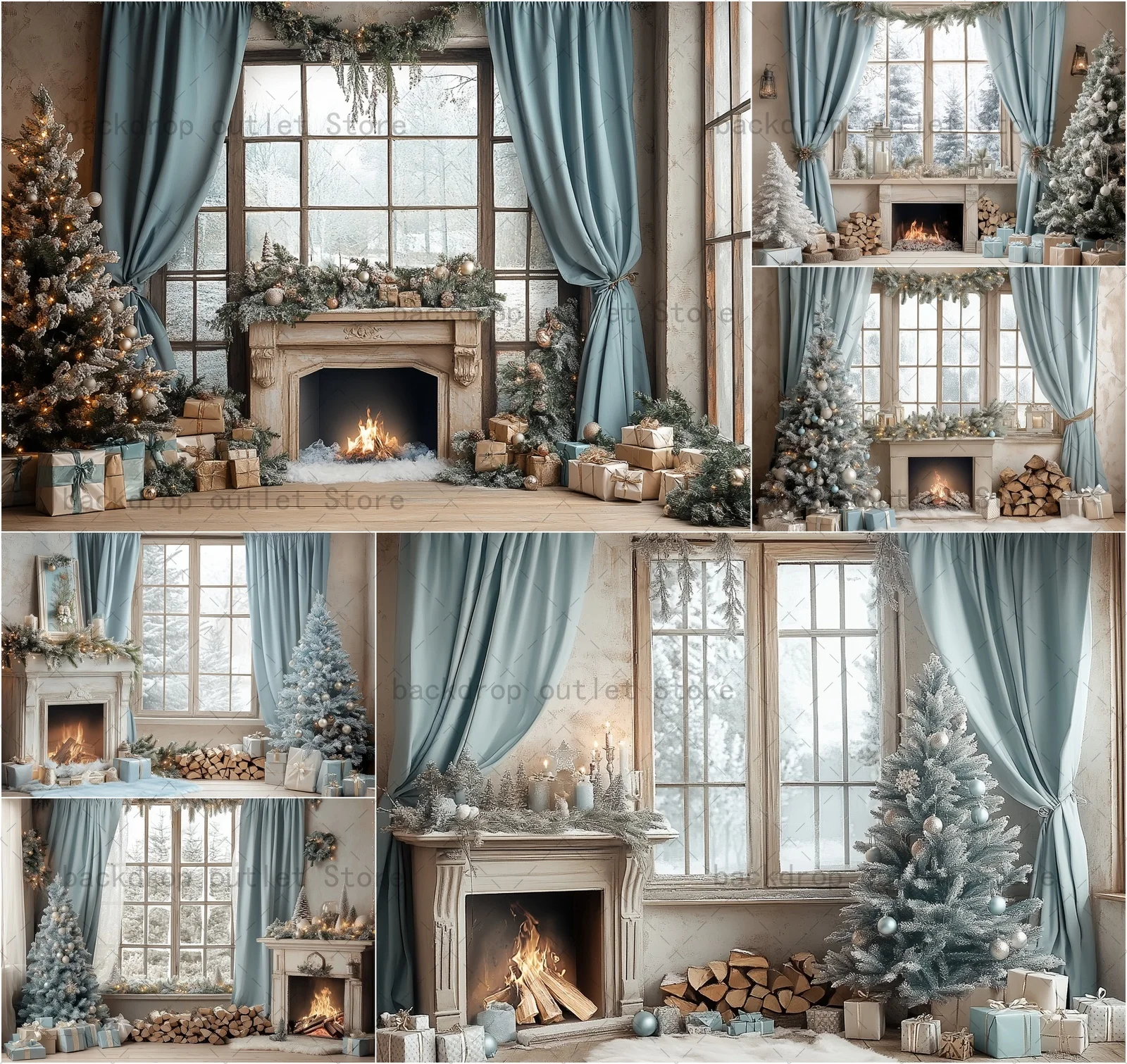 

Mehofond Christmas Indoor Winter Photography Backdrop Blue Curtain Fireplace Xmas Tree Gift Children Family Portrait Background