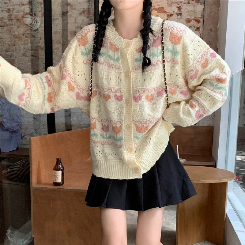 Rimocy Sweet Flower Knit Cardigan Women Autumn Winter Single-Breasted Warm Sweaters for Woman Korean Style Long Sleeve Cardigans