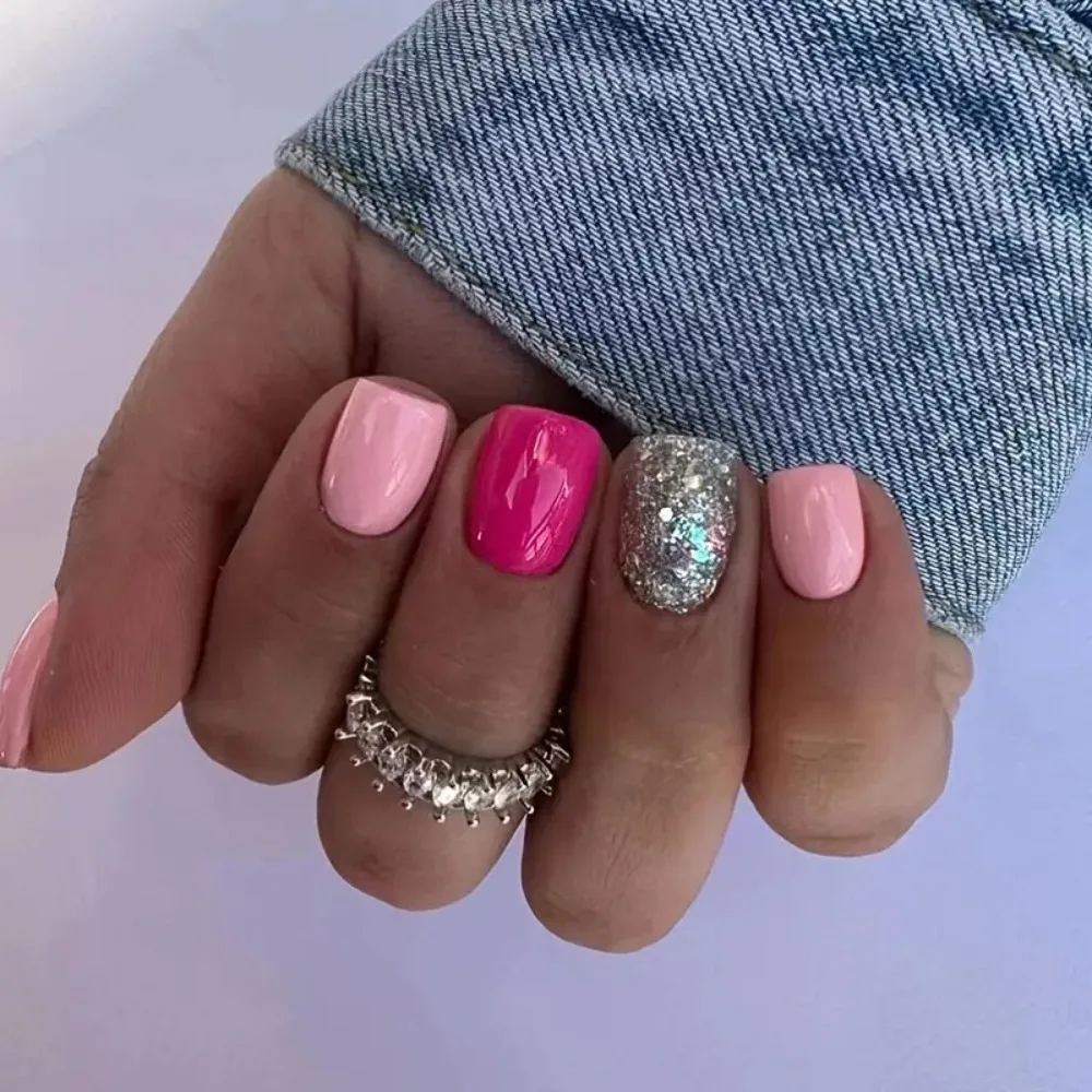 Manicure indossabile staccabile Unghie finte francesi Testa quadrata Unghie finte Copertura completa Flash Stampa sulle unghie Ragazza