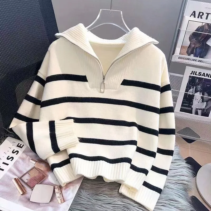 Women Pullovers Sweaters Striped Zipper Turn Down Collar Full Sleeve Loose Casual Jumpers Tops Splice Autumn Winter 2024