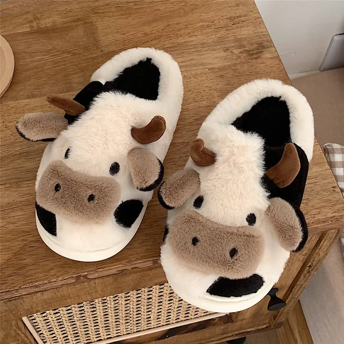 Comwarm Cute Furry Slipper For Women Girls Winter Fashion Milk Cow Fluffy Warm Slippers Woman Cartoon Animal  Home Cotton Shoes