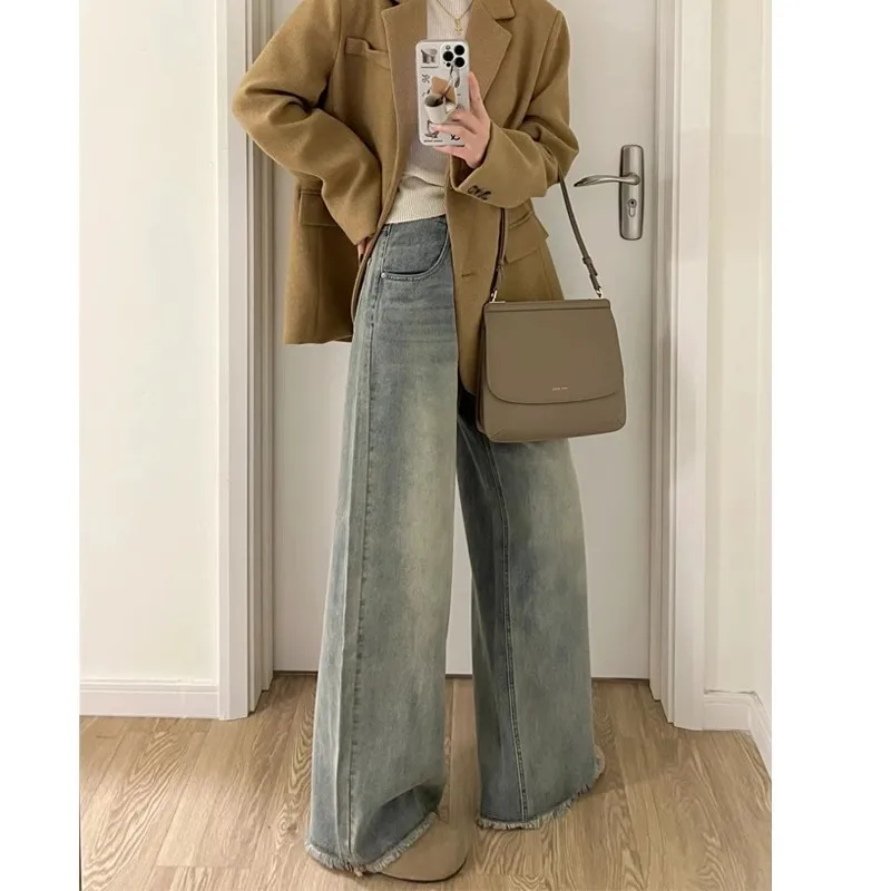 جينز نسائي ريترو أمريكي عالي الخصر وواسع الساق لربيع 2026 تصميم جديد فضفاض مستقيم القطع بنطلون مقاوم للارتداء من القطن...