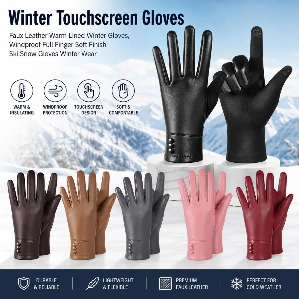 New Faux Leather Touchscreen Gloves Warm Lined Full Finger Winter Gloves Soft Finish Windproof Ski Snow Gloves Cold Weather Use