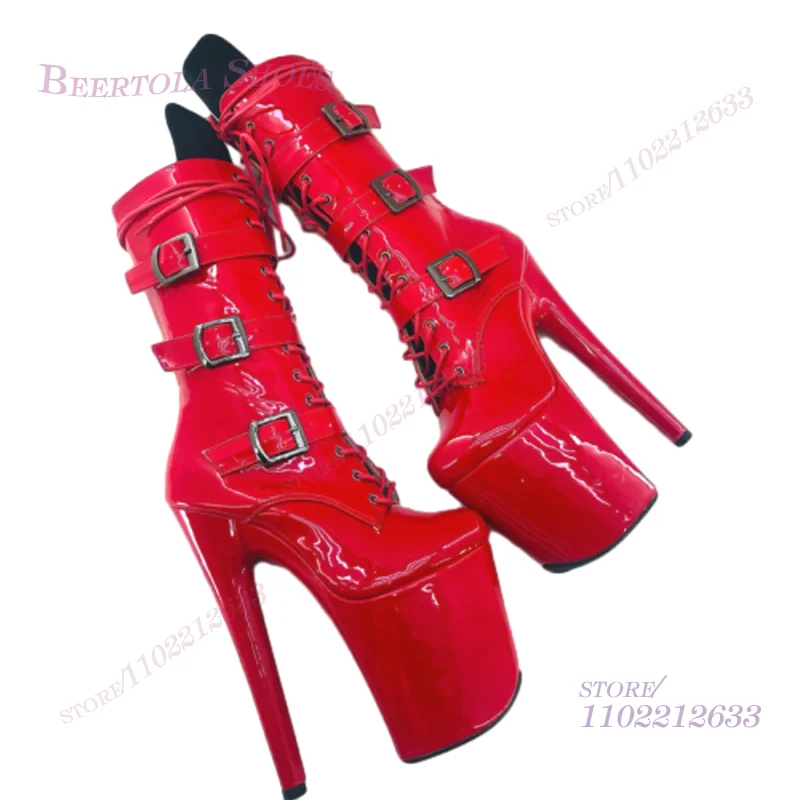 Bright Red Patent Leather Belt Buckle 20Cm Calf Boots Women Platform Pole Dance Black Zipper Metal Leather Sandals Stiletto Shoe
