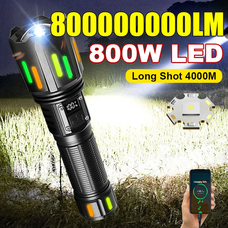 

800000000LM Самый мощный фонарик, перезаряжаемый светодиодный светильник, внешний аккумулятор, лампа для кемпинга, водонепроницаемый фонарик, уличная рыбалка, охота