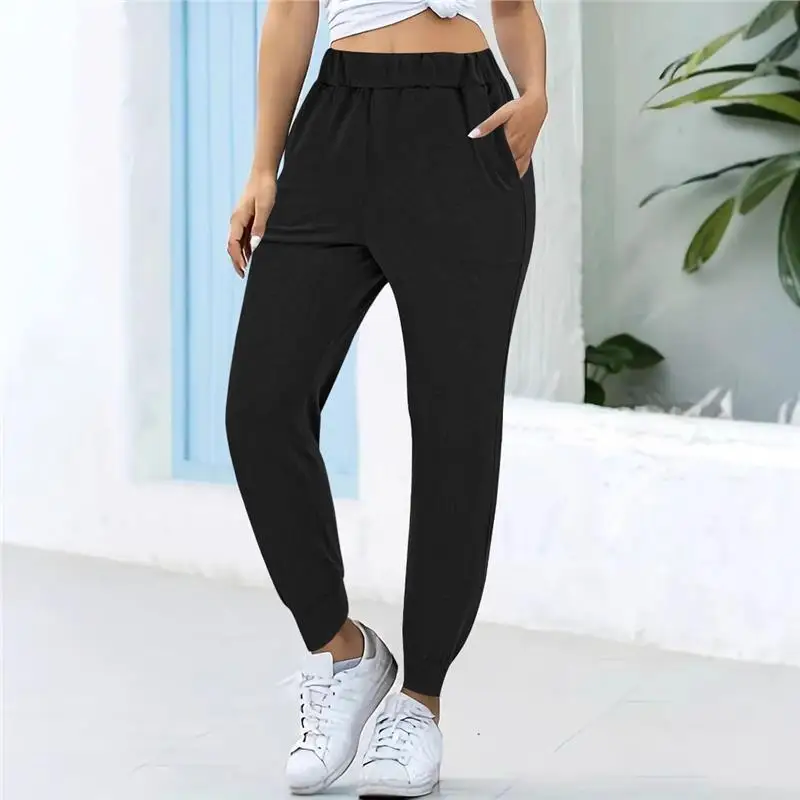 

Женские повседневные спортивные брюки, осенние новые однотонные длинные брюки свободного покроя с талией и манжетами для женщин