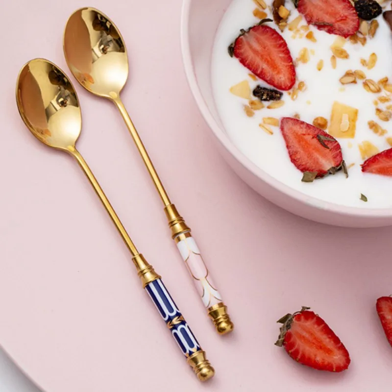 Golden Stainless Steel Dessert Spoon Ceramic Long Handle Ice cream Spoon Teaspoon Coffee Cake Fruit Milk Spoon Kitchen Tableware