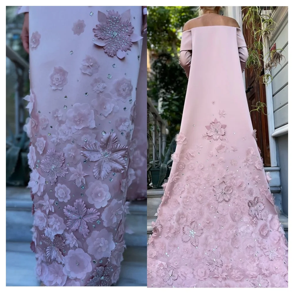Abito da sera elegante in raso rosa personalizzato moderno scollo a barca con spalle scoperte maniche lunghe abito da festa abiti da celebrità di moda