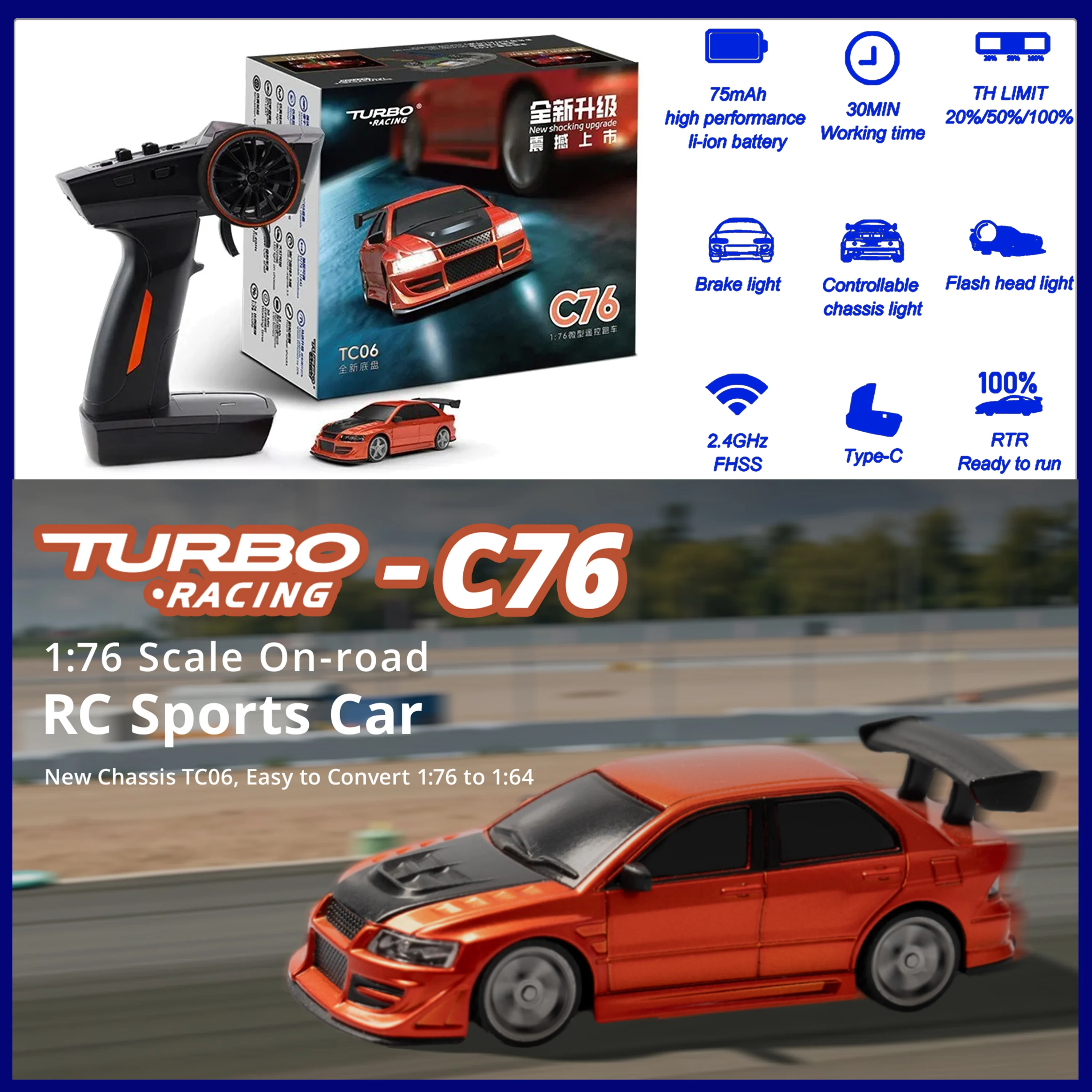 

Turbo Racing 1:76 C76 Drift RC Car with Gyro Radio Full Proportional 4CH Remote Control RTR Desktop Model Toy Limited Edition
