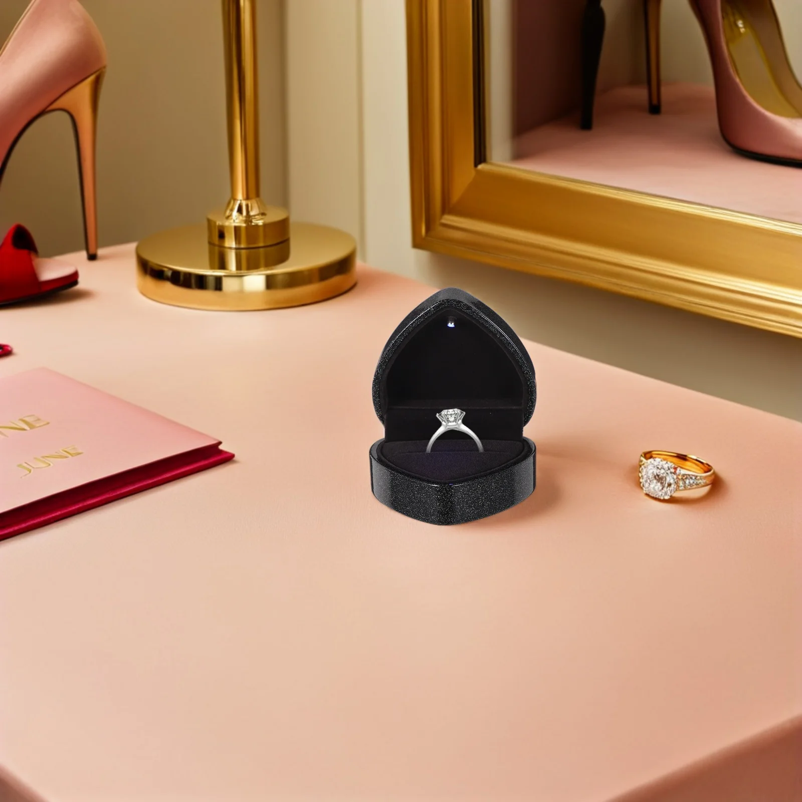 

Heart Shape LED Light Engagement Ring Box Facet Jewelry Gift Case Luxury Proposal Romantic Bridal Anniversary Wedding Day