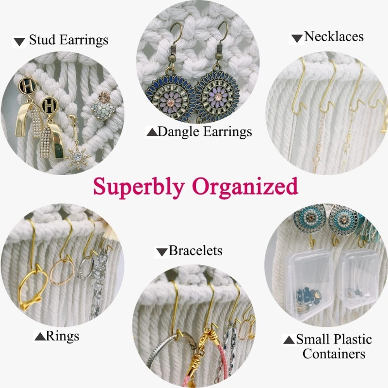 

Hanging Jewelry Macrame Earring Holder Wall Necklace for Necklaces Bracelet Earrings Rings N2UE