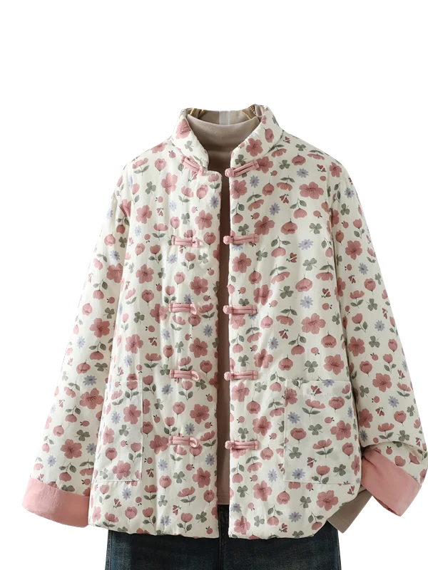 

New Chinese Sle Floral Cotton Jaet Women's Loose Winter Coat Button up Warmth Filled Outerwear Comfortable Retro Print