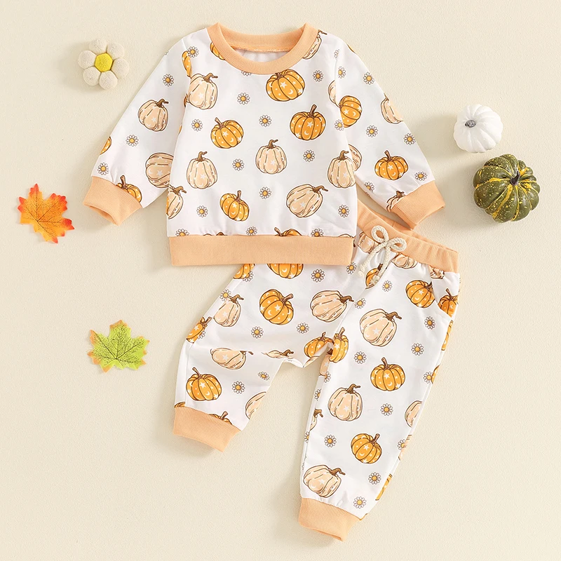 Baby Girls Outfit Pumpkin Ghost Print Long Sleeve Crew Neck Sweatshirt Sweatpants Halloween Clothes