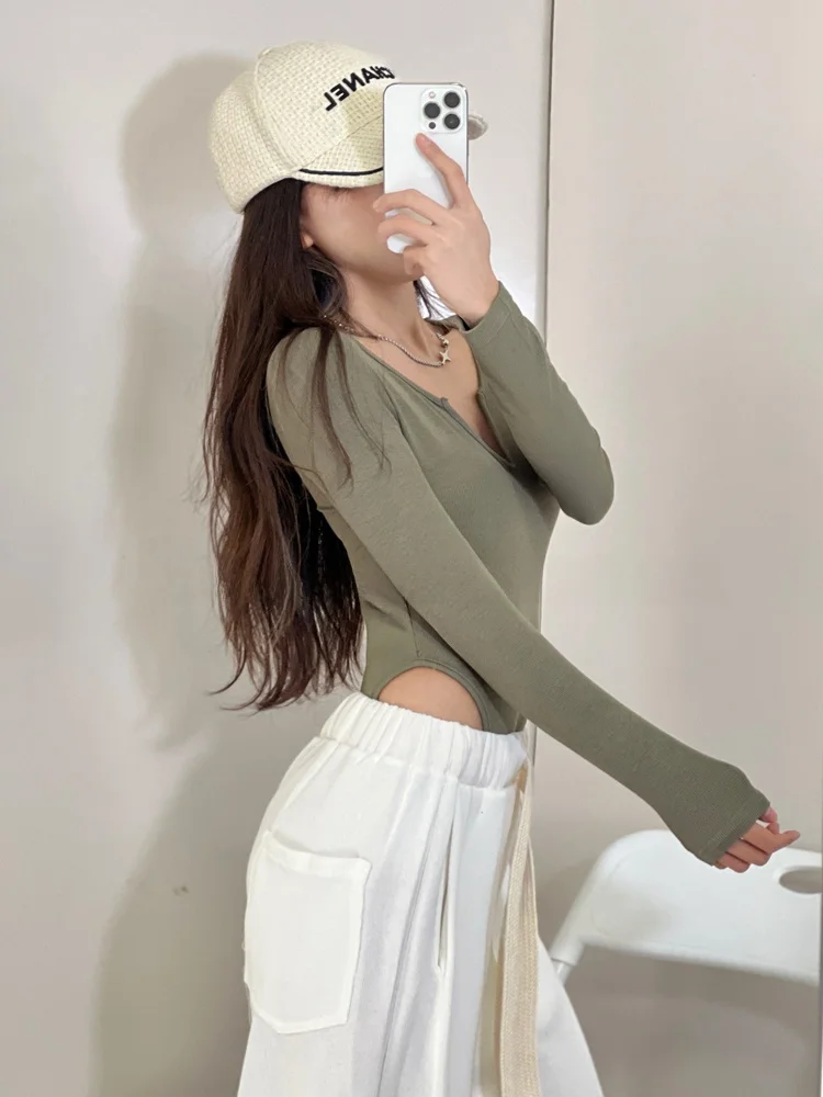 مثير V-Ne طويل Sve قطعة واحدة تي شيرت المرأة الرجعية حمالة ارتداءها k زر لون نقي الشارع Sle سليم صالح ارتداءها #1