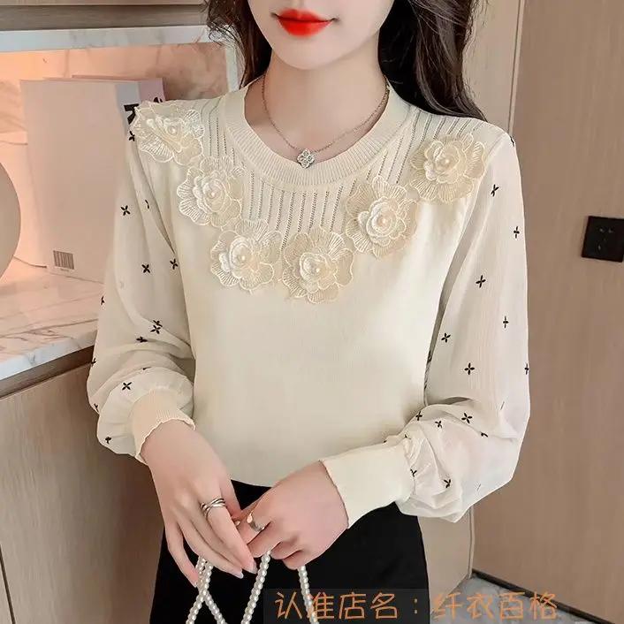 Chiffon Long Sleeved Knitted Shirt Spring New Style Women\'s Flower Design Sense Spliced New Style Stylish and High-end Top