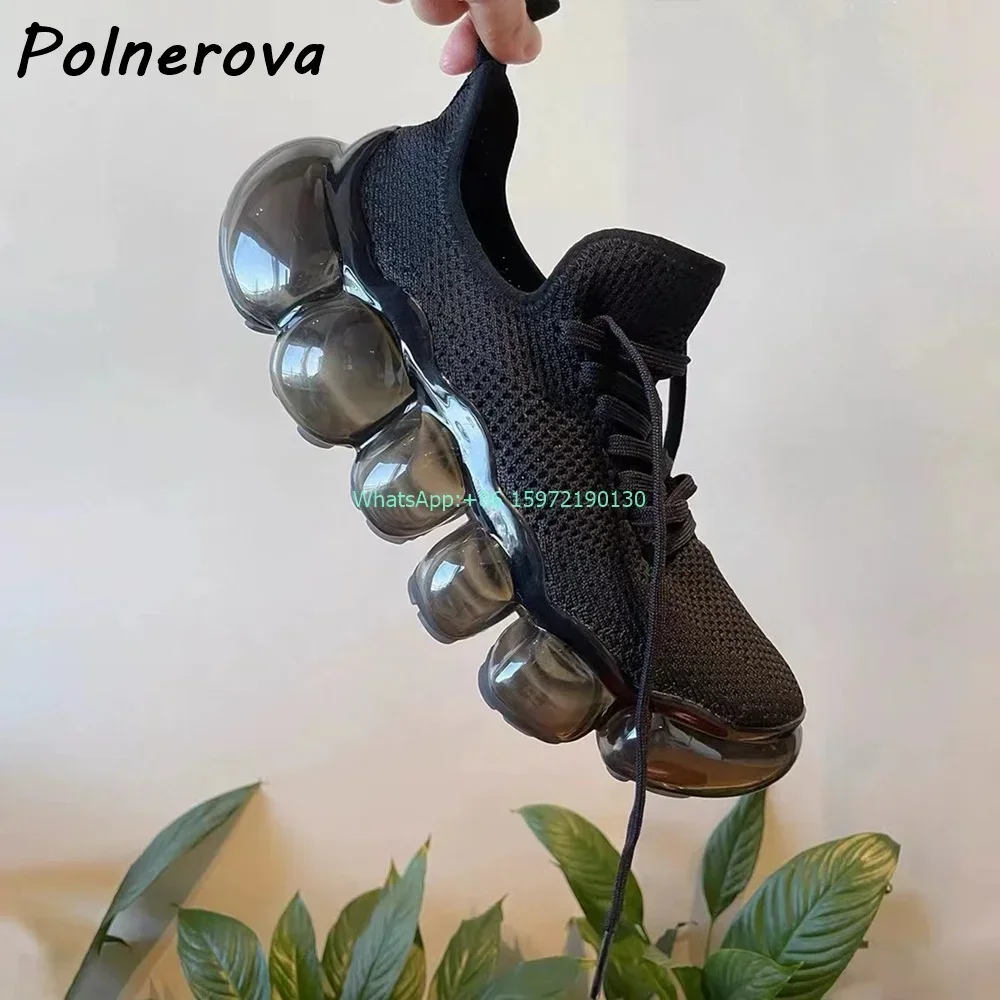 

Air Mesh Bubble Heels Sneakers Summer Breathable Round Toe Cross Tied Black Shallow Pumps 5Cm Thick Soled High Increase Shoes