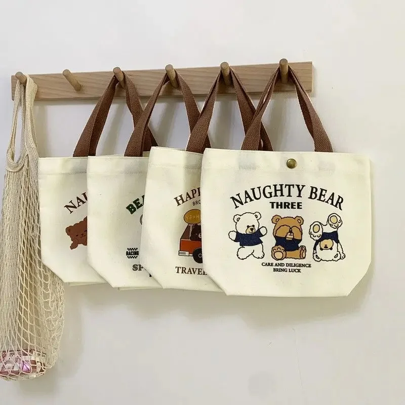 Cute Bear Canvas Mini Handheld Tote Bag Women Portable Lunch Bag Small Student School Handbag Ideal Gift Bag
