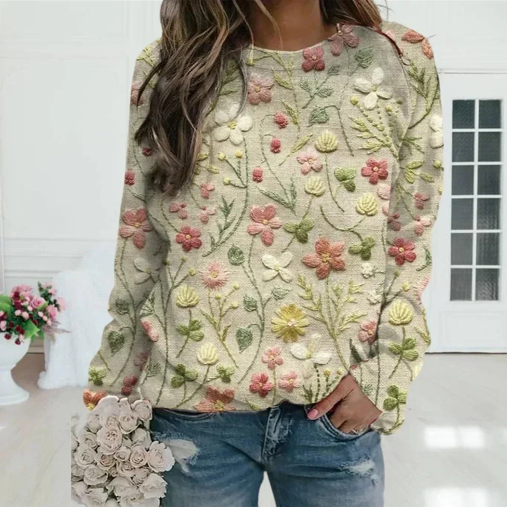 2024 Autumn Knitted Women Sweater Print O-neck Long Sleeve Keep Warm Loose Sweaters Female Winter Casual Trendy Ladies Clothes